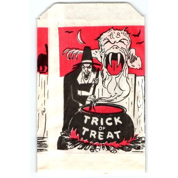 Halloween Vintage Trick Or Treat Goodie Bag Boogieman Witch Goblin Monster Moon - Picture 2 of 2